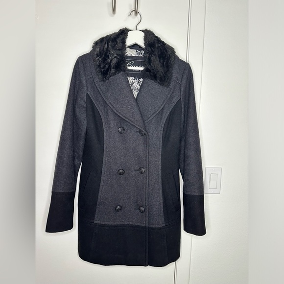 Guess Jackets & Blazers - GUESS wool coat jacket faux fur collar two way button down